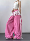 Pbong  Spring/Autumn New Design Loose, High Waist, Wide Leg, Personalized Retro, Sweet and Cool Lace Splicing Fake Two Piece