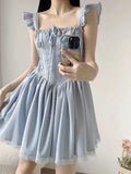 Pbong  Sweet French Blue Dress Women Elegant Lace Patchwork Retro Sexy Mini Dress Casual Square Collar Flying Sleeve Vestidos New