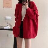 Slouchy Knit Cardigan Sweater for Women Long Sleeve V-neck Comfy Button Up Sweater Jacket Female Autumn Winter Casual Outfit