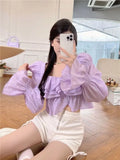 Preppy Youthful Elegant Cropped Blouses Women Korean Dongdaemun Puff Long Sleeve Ruffle Top Luxury High Quality 2024