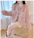 Pink Sweet Faux Lamb Coat Women Winter Warm Long Sleeve Chic Short Coat Korean Elegant Female O Neck Cute Thick Outwear New