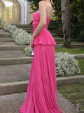 Women Pink Pleated Puff Hem Maxi Dress Sexy Backless Sleeveless Strapless High Waist Long Dresses Elegant Evening Party Robes