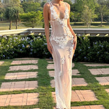 Pbong  Women Sexy Party Night Backless V Neck Split Cocktail Dress 90s Vintage Floral Sheer Mesh Long Dress Chic Boho Beach Cover-ups