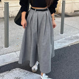 Retro Chic High Waist Gray Elegant Women Skirt Solid Color Zipper Pleat Long Skirt Fashion Office Lady Woman Clothing 2025 New