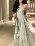 Ruffles Evening Party Dress for Women Elegant Sleeveless Square Collar A Line Solid Summer Prom Robe Korean Vestidos
