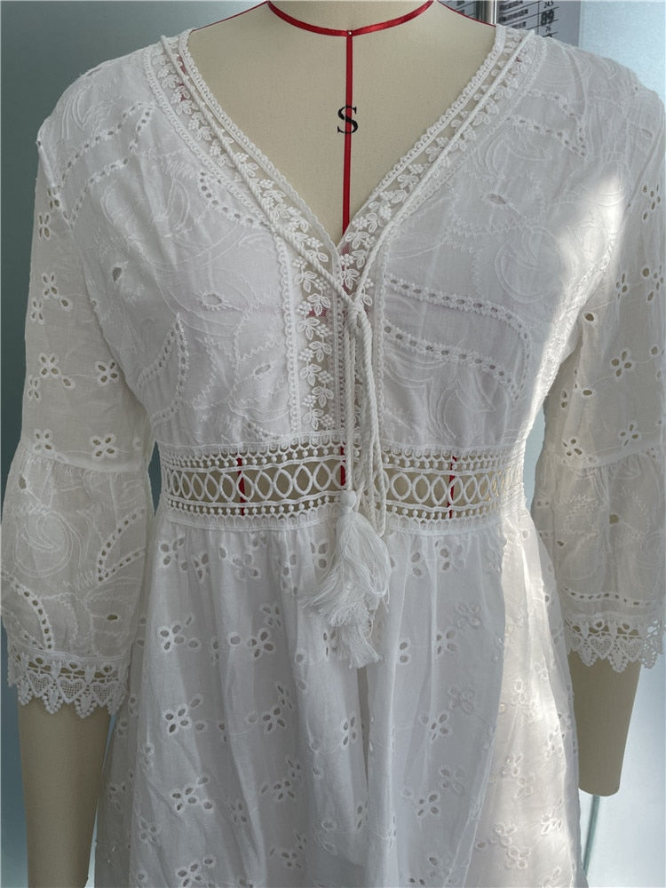 Summer Boho Dress Women Beach Sundress Fashion Embroidery Hollow Out Lace Up Mini Dress Female White Lace Holiday Dress