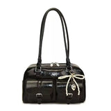 Pbong  Black Glossy Boston Underarm Bag with Pearl Bow Women's Daily Commuter Purse
