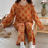 Pbong  Women Two-piece Set Pajamas Set Girls Chinese Style Printing Sleepwear Round Neck Long Sleeved Top Loungewear Casual Homewear