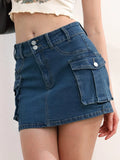 Women Y2k Mini Cargo Skirt 2000s Vintage Harajuku Low Waist Skirt Summer Slim Fit Solid Color Skirt with Pockets for Club