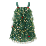 Pbong  Women Christmas Tree Sequined Glitter Star Sleeveless Loose Fit Ruffled Layered Tiered Holiday Loose Tulle Mini Dress