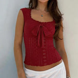 Euramerican All Match Casual Sqaure Collar Sleeveless Camisole Y2k Exquisite Hollow Oue Design Tops Solid Bow Design Clothes