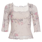 Pbong  Casual Floral Printed Mesh T-Shirt Holiday Slim Square Collar Half Sleeve Tees Women Spring Summer Fashion Streetwear Lady