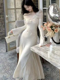 Autumn New Elegant Midi Dresses For Women Lace Patchwork Flare Sleeve A-line Dress Birthday Party Dance Wedding Vestidos Mujer