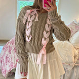 Pbong  Sweet Ribbon Criss-Cross Tie Up Sweater Girly Coquette Cable Knitted Pullovers Women Autumn Vintage Y2k Knitwear Jumpers Tops