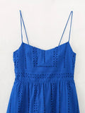 Fashion Hollow Out Embroider Spaghetti Strap Long Dress Blue Vaation Beach Casual Women Dress Loose Female Summer Vestidos