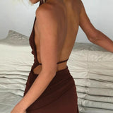 Pbong  Fashionable Sexy Long Dress V-Neck Hanging Neck Backless Slim Fit Bodycon Dress Milk Silk Fabric High Waist Street Style