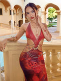 Metal Patchwork Sexy Backless Maxi Dress Women Butterfly Lace-Up Halter Irregular Hollow Splits Beach Party Vestidos