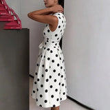 Pbong  Summer Polka Dot Print Long Dresses For Women Fashion Sleeveless V-neck Slim Dress Elegant