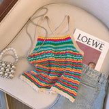 Bohemian Striped Knitted Camisole Vest For Women's summer Contrasting Spaghetti Strap Short Top Seaside Vacation T-shirt