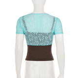 Pbong  Women's Chic Summer Lace Crop Top Light Blue Overlay Tie-Front Design Short Sleeve Two Pieces Design And Stylish Layered Looks