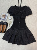 Y2k Harajuku Vintage Dark Gothic Slim 2 Piece Skirt Sets Bow Short Sleeve Blouse + Cake Mini Skirts 2000s Lolita Suits Summer