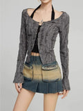 Destressed Two Piece Set Lace-up Cardigan with Cami Women's Y2K Grunge Crop Long Sleeve Criss Cross Knit Tops Acubi Outfit
