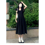 Pbong  Black Summer New Women's Dress Sleeveless High Waist A-Line Skirt Clean Fit Cotton Fabric Square Collar Backless Fashion