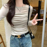 Y2K Long Sleeve Mesh Women T Shirt Spring Fashion Sexy O Neck Slim Female Tops Korean Chic Folds Cropped Bottoming Tees New