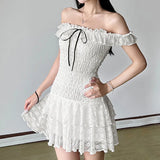 Pbong  Vantage bow Sexy Backless strapless dress Summer Women's Dresses New Skinny High Waist pleated Slash Neck Lace Dress Woman