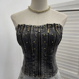 Pbong  Vintage Denim Strapless Vest 2025 Women's Clothing Y2k Tunic Crop Tank Top Backless Fashion Zipper Tank