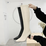 Pbong  Knee-high Square-toe Booties Women's Outerwear Autumn Winter Fashion Casual Motorcycle Boots High Heel Zipper Back Design