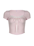 Balletcore Sweet Y2K Tie Lace Trim Square Collar Pink T-Shirt Women Short Sleeve 2000s Cute Kawaii Clothes