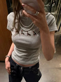 Puppy With Pearl Slim T-shirts Woman Summer Round Neck Cotton Short Sleeve Tee Gray Sweet Cute Animal Tshirt New Crop Tops Y2k