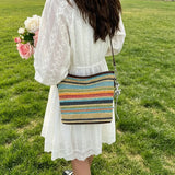 Pbong  Women Summer Straw Crossbody Purse with PU Adjustable Strap Travel Bucket Bag for Beach Vacation Travel