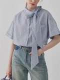 Pbong  Korean Elegant Blouses Striped Lace-up Pockets Long Sleeve Shirts Fashion Loose All Match Tops New Design Women Clothing