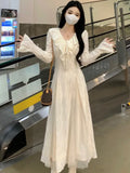 Autumn Elegant Solid Ruffles Fairy Dresses Korean Fashion Slim  A Line Midi Dress Women Princess Party Vestidos New