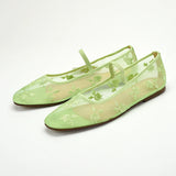 Pbong  Green Embroidered Mesh Ballet Flats for Women Square Toe Elastic Band Slip on Mary Janes Shoes Ladies Casual Soft Summer Loafers