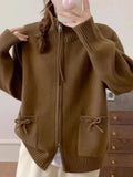Korean Bow Cardigan Women Lazy Wind Double Zipper Long Sleeve Knitted Jacket Vintage Sweet Casual Preppy Style Tops Coat