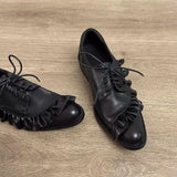 Pbong  Fashion Lace-up Genuine Leather Women Pumps Shoes Woman Mid Heels Loafers Shoes Round Toe Summer Casual Party Ladies 35-40