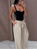 Pbong  Striped Pleated Wide-Leg Pants Striped High Waist Tie Side Pocket Spring Versatile Women Bottoms Casual Chic Lady Trousers