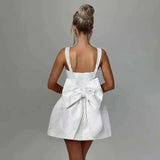 Jacquard Waist Wrap A-line Dress Women Mini 2024 Spring Summer Dress Elegant Bow Backless Sexy Party Dresses