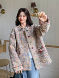 Retro Sweet Colors Tweed Jacket Women Long Sleeve Loose O Neck Elegant Coat Fall Winter Vintage French High Quality Tops