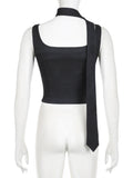 Casual Solid Crop Tops With Scarf Slim Square Collar Sleeveless Tank Tops Women 2025 Summer Fashion Streetwear Ladies