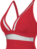 2025 Women's Beach Swimwear Solid Color Sheer Mesh Panel Plunging Neck One-piece Swimsuit