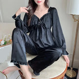 Pbong  Autumn New V-Neck Pajamas Set Black Women 2PCS Shirt&Trouser Lingerie Long Sleeve Pijamas Suit Rayon Sleepwear Home Wear Clothes