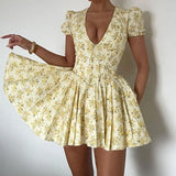 Pbong  French Style Retro Floral A-Line Dresses Female Sexy Low-Cut V-Neck Puff Short Sleeve Dress Woman Summer High Waist Mini Dress