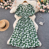 Pbong  Women Dress Fashion Romantic Floral Print Drawstring Waist Long Summer Dress Vacation Korean Party Vestidos