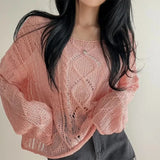 Long Sleeve Crochet Top Cable Knit Summer Beach Bikini Cover Up Crop Pullover Openwork Blouse Women Vacation Boho Outfit