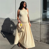 Fashion Simple Design Patchwork Long Dress New Sleeveless A-line Pleat Elegant Chic Summer Dress Streetwear Female Clothing