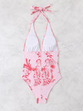 Halter Monokini One Piece Swimsuit Women Printed Backless Swimwear Female Bathers Bathing Swimming Swim Suit Beachwear